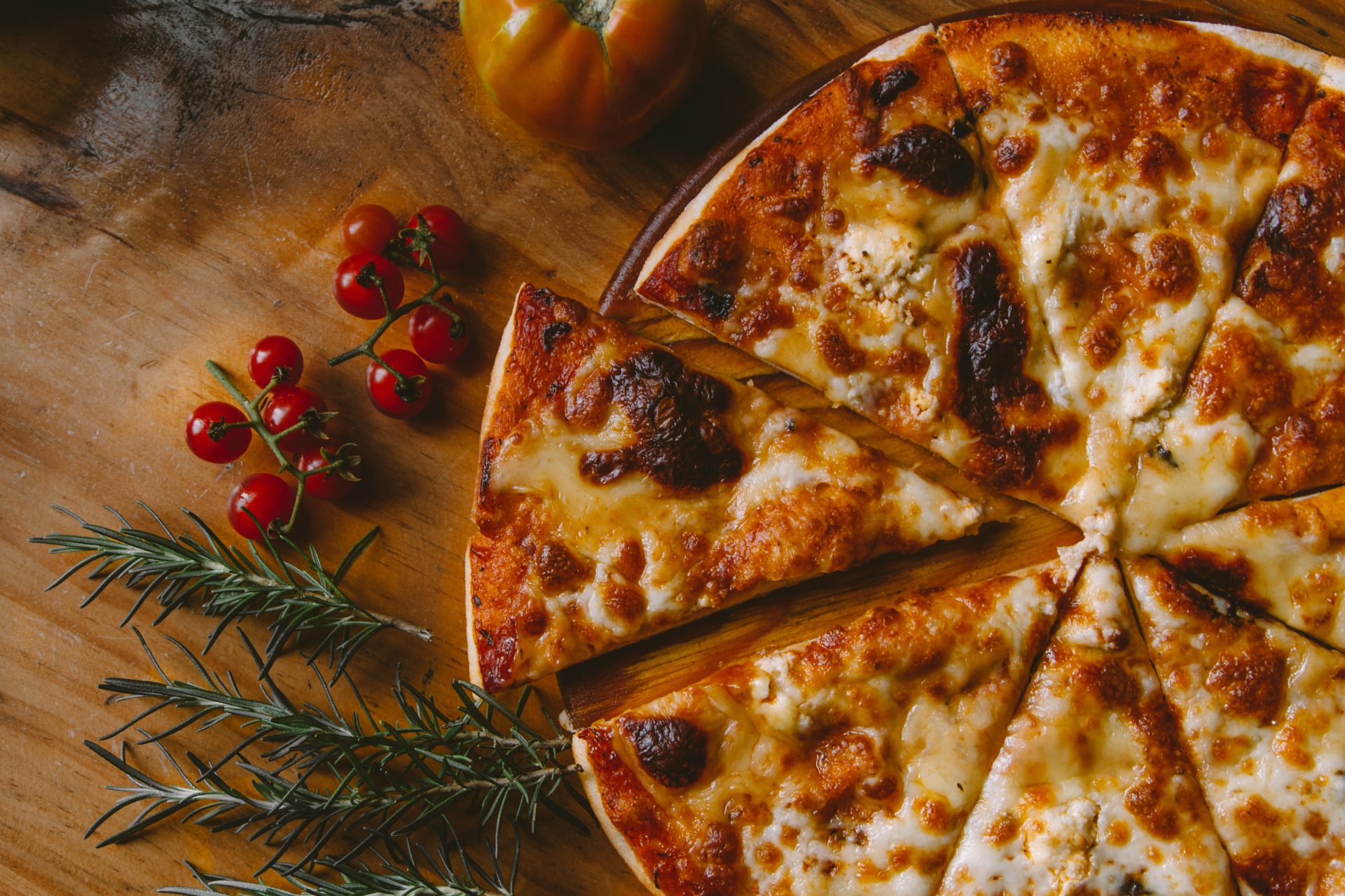 Pizza served on a board