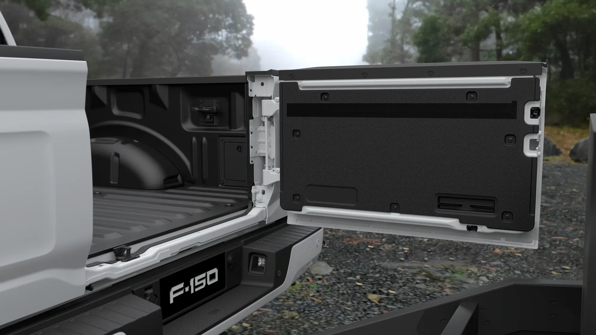 Ford F-150 Pro Access tailgate swing door open showing improved tray access for towing