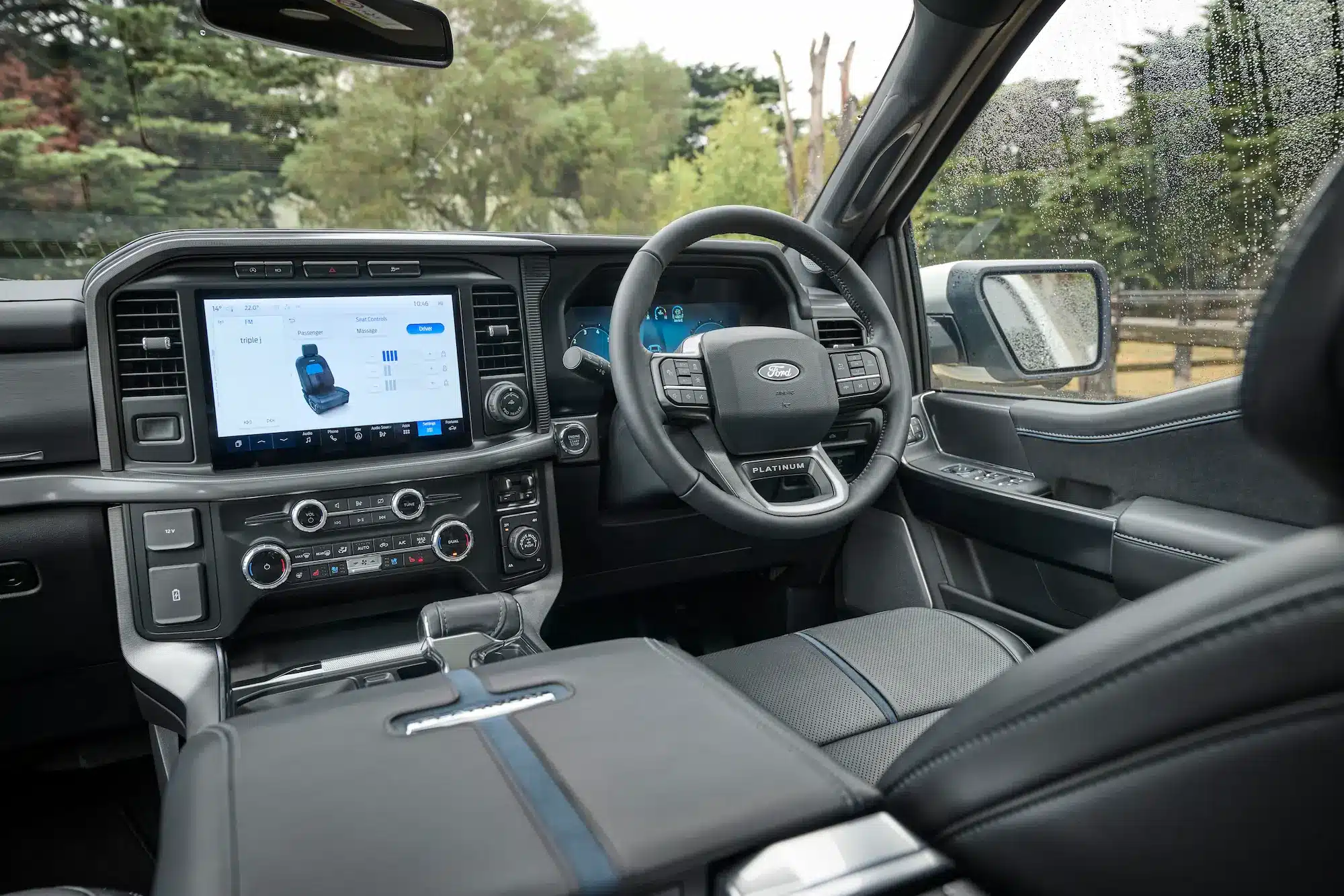 2025 Ford F-150 Platinum interior showing massage seats and black onyx luxury trim