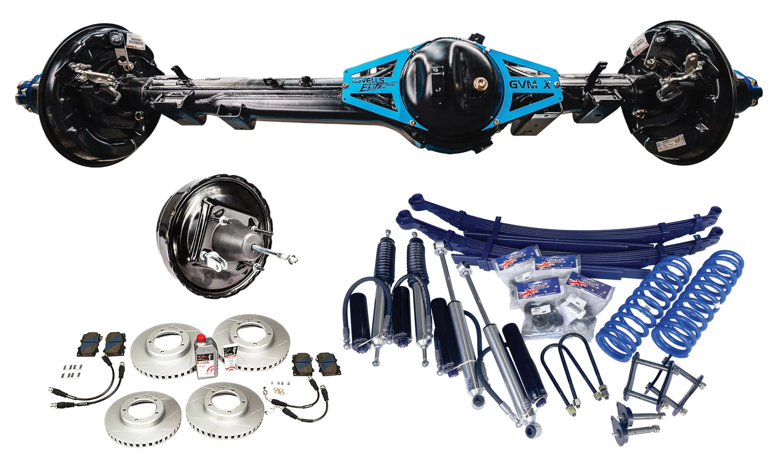 Lovells Elite Series 79 Series GVM upgrade components including re-engineered axle, brake upgrade kit, and suspension components