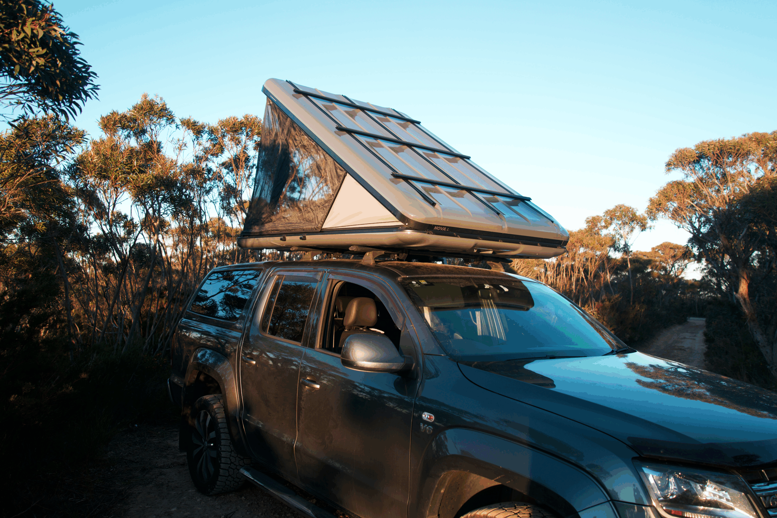James Baroud Nova rooftop tent with built-in roof mounting system on 4WD