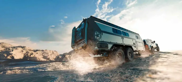 Patriot Campers ST7 Supertourer being towed off-road