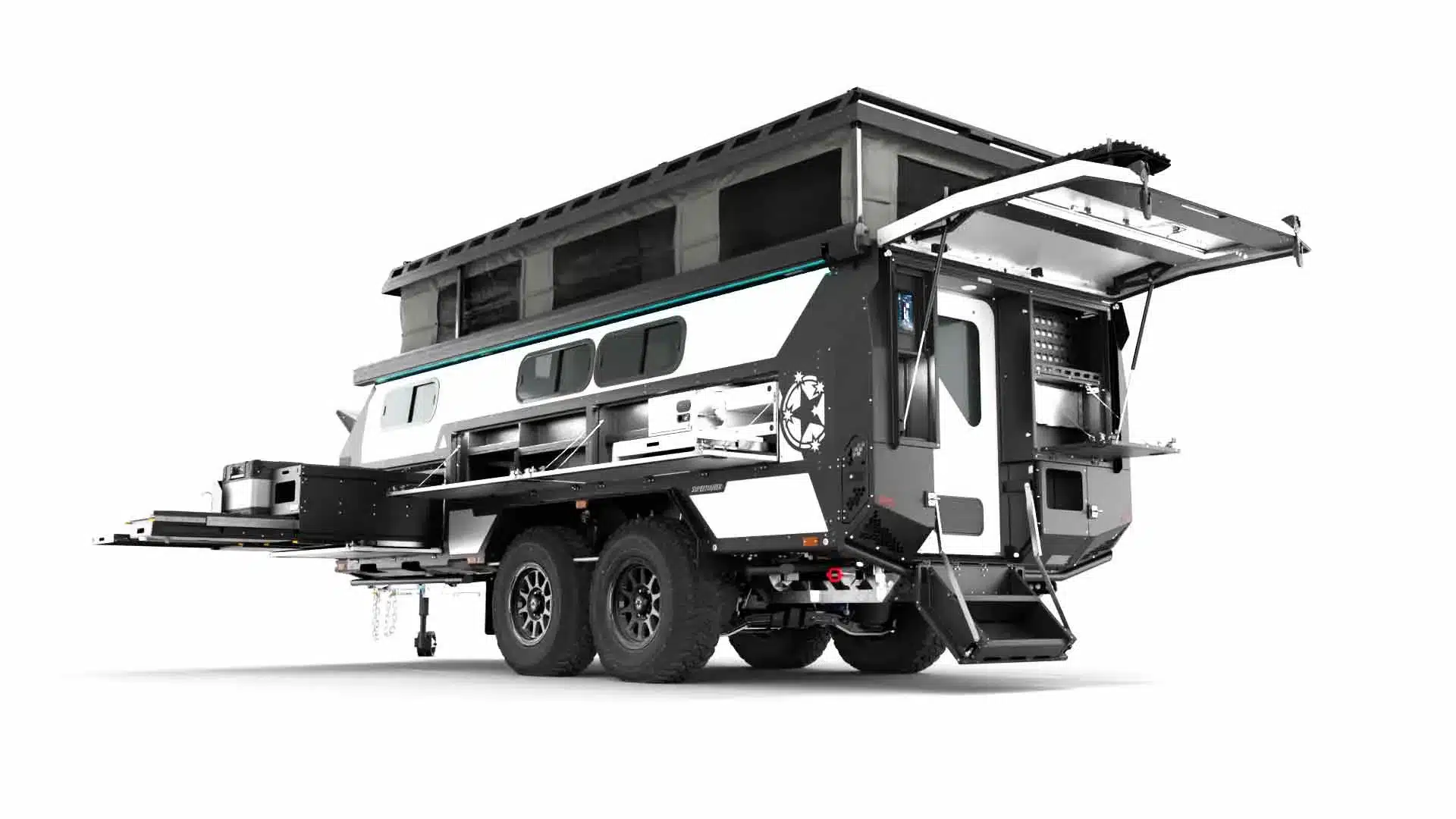 Premium off-road camper trailer fully set up with awning in outback location
