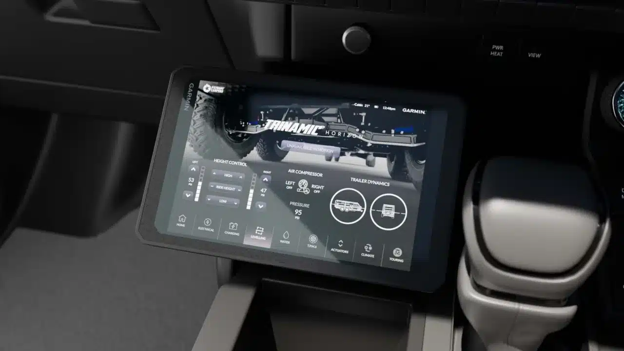 Tablet screen showing suspension control with airbag adjustment options