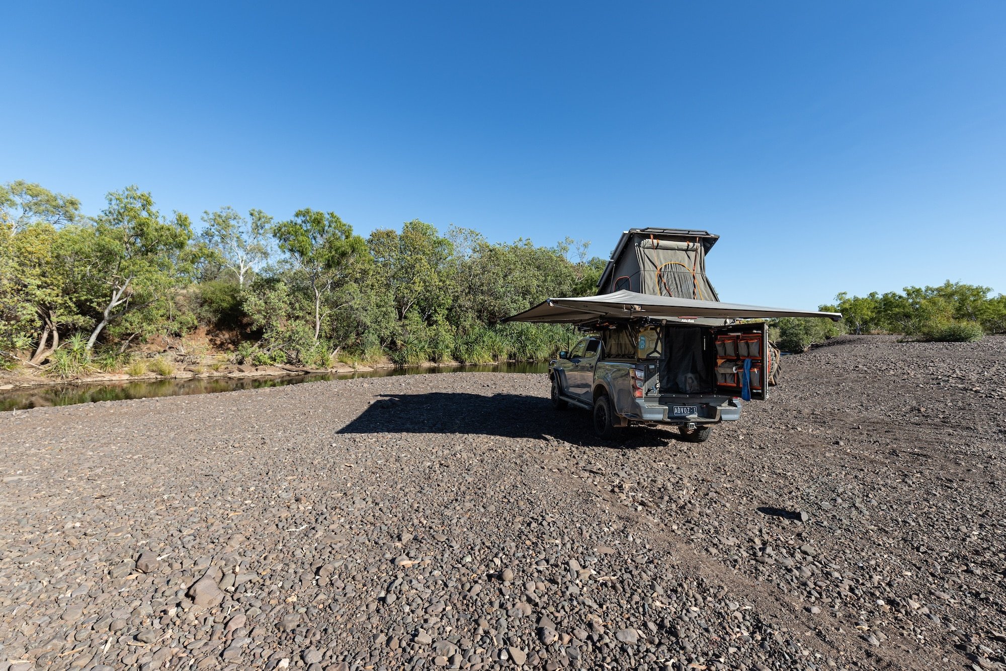 4WD with rooftop tent at empty camping spot on Behn River Duncan Road Kimberley
