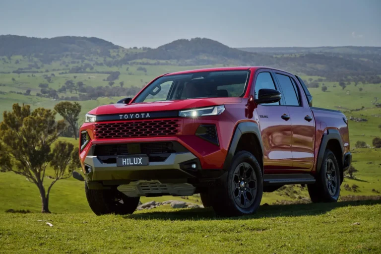 The 2026 Toyota HiLux features Australian-designed Cyber Sumo styling with high-set LED headlights and body-coloured mesh grille.