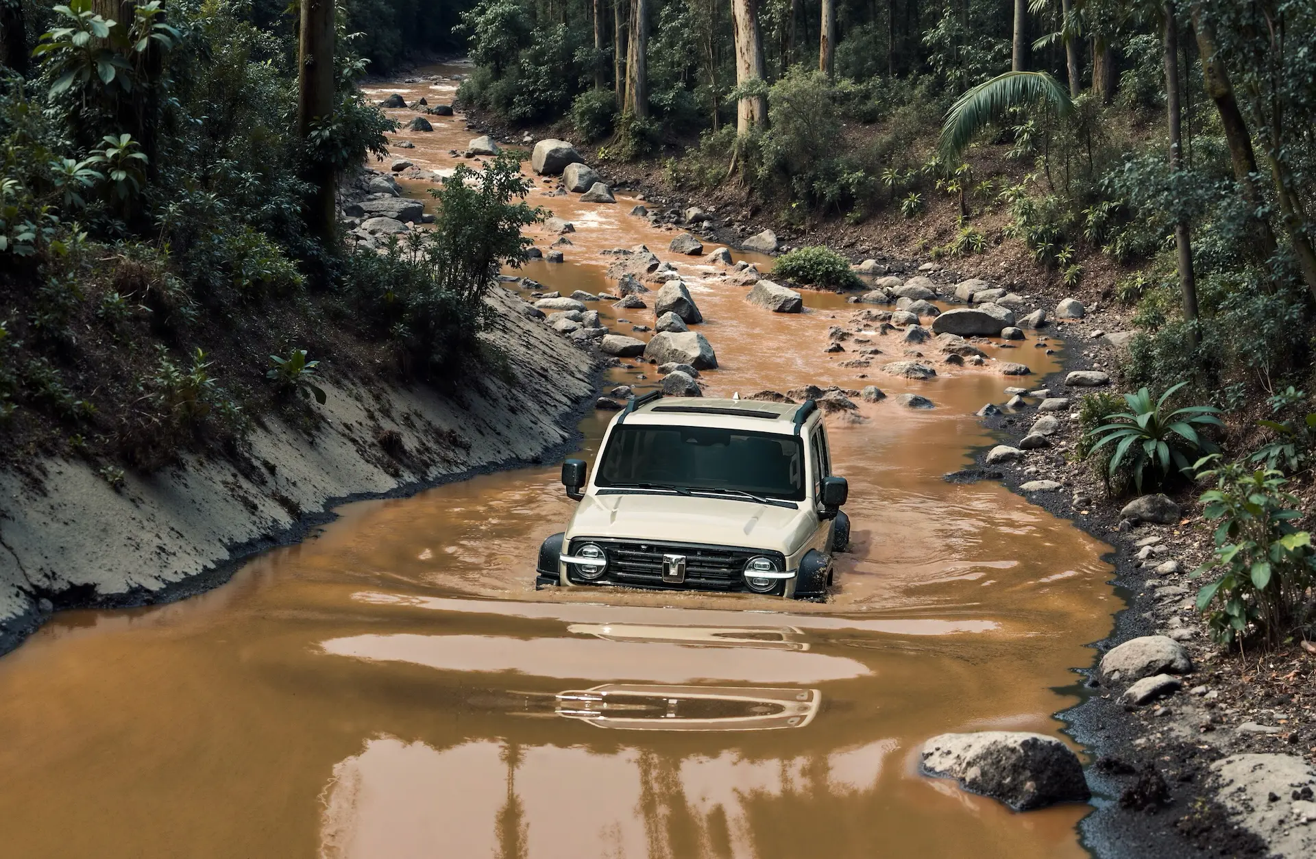 Water Crossing: Front shot of the Tank 300 Hi4-T navigating a river