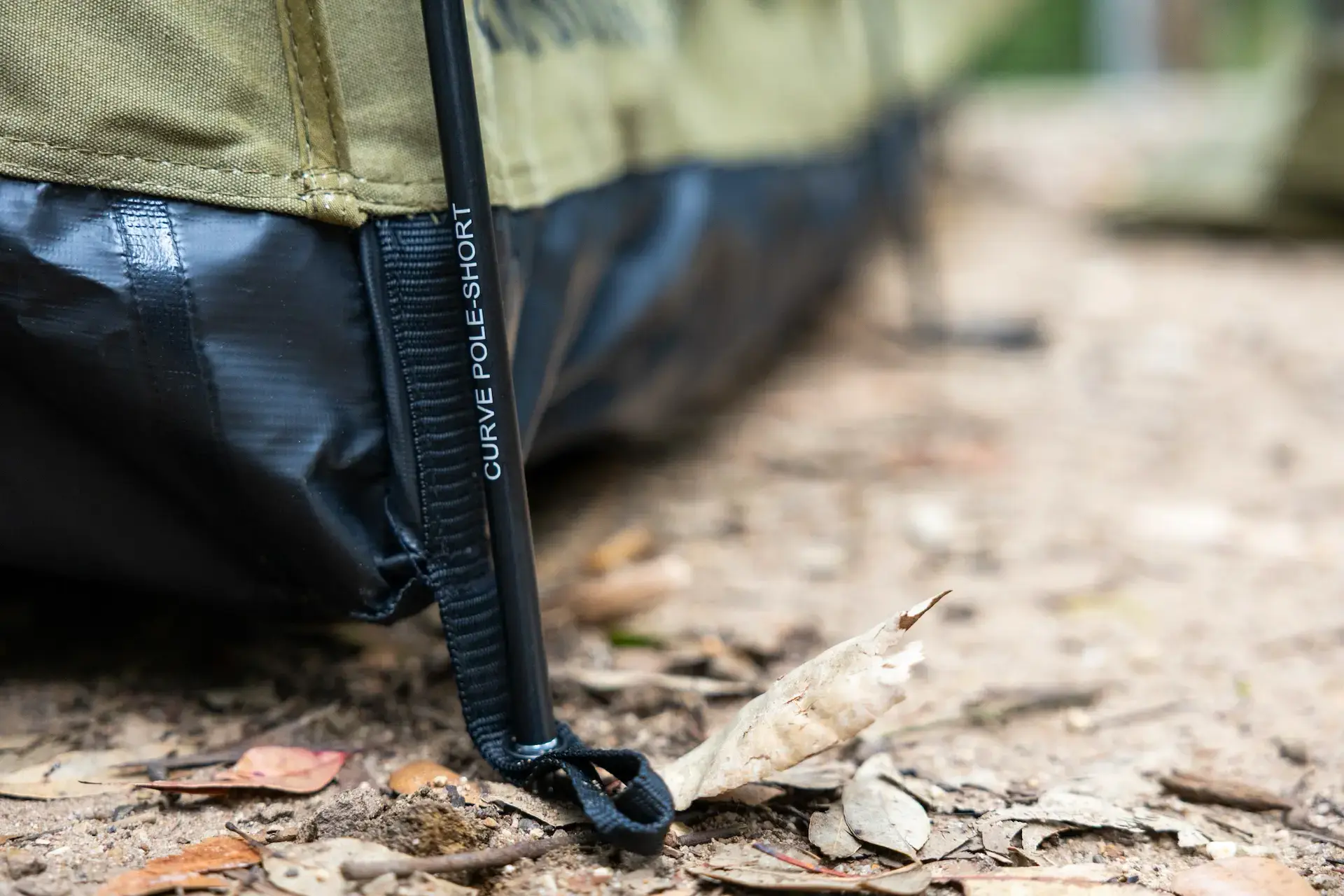 Kings Grand Tourer Swag Construction: Close up of 500GSM PVC bucket floor and labelled poles for easy setup