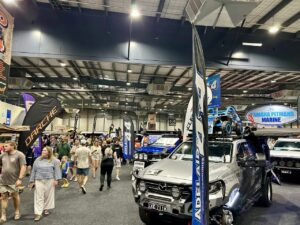 Crowds and 4WDs in the exhibitor hall at the Adelaide 4WD and Adventure Show