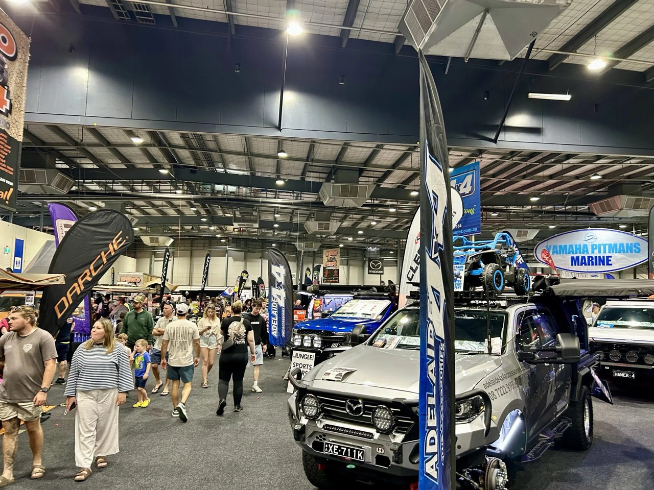 Crowds and 4WDs in the exhibitor hall at the Adelaide 4WD and Adventure Show